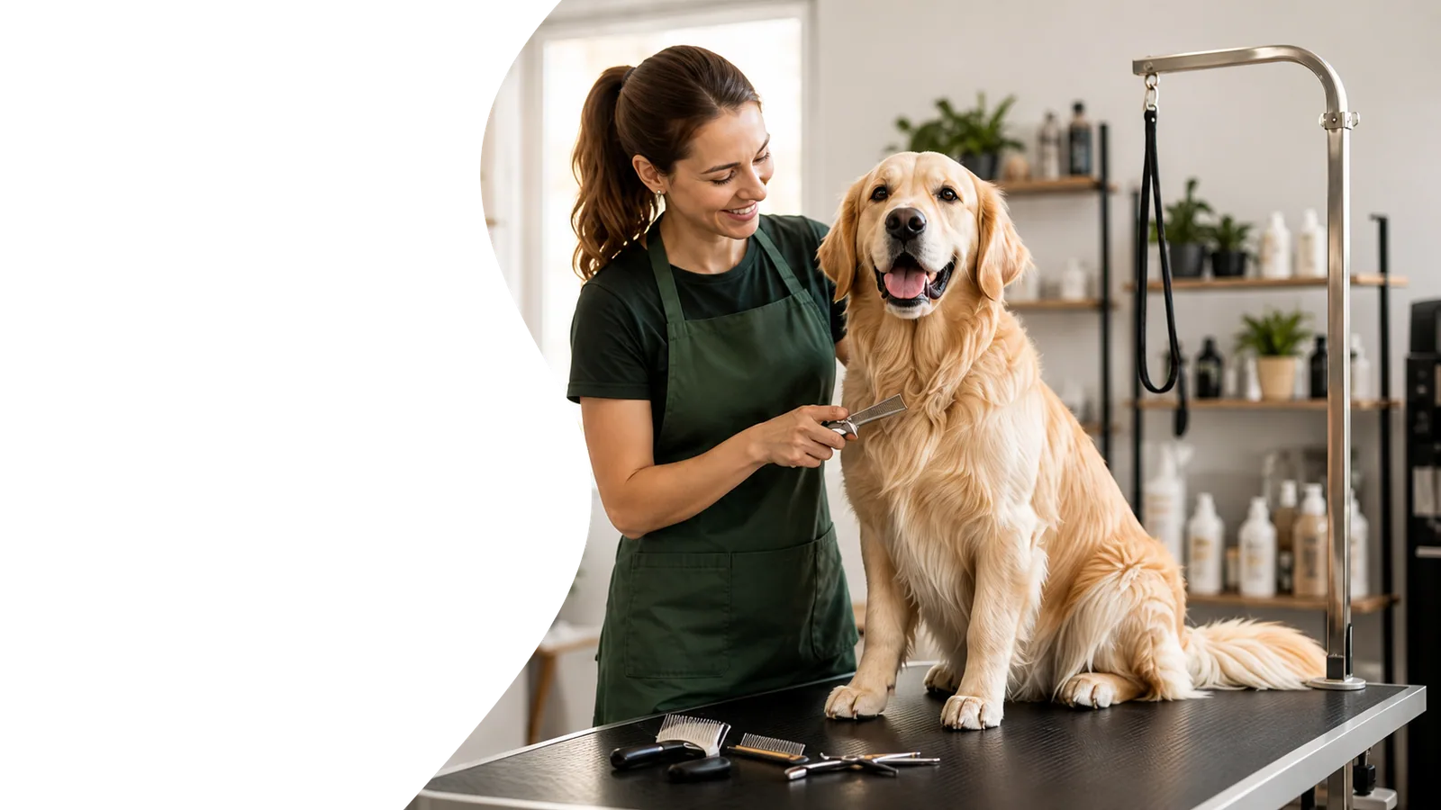 Groomer του Four Paws περιποιείται golden retriever στο σαλόνι