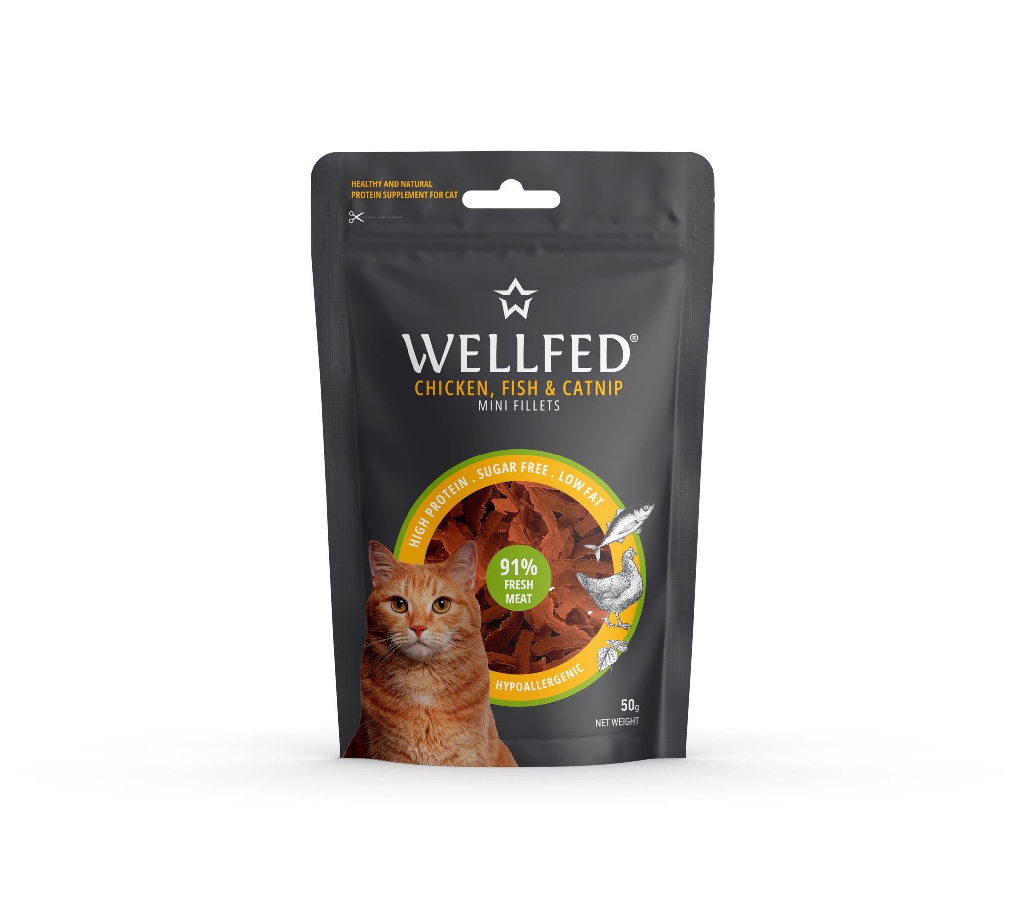 WELLFED MINI CHICKEN, FISH & CATNIP 50 gr